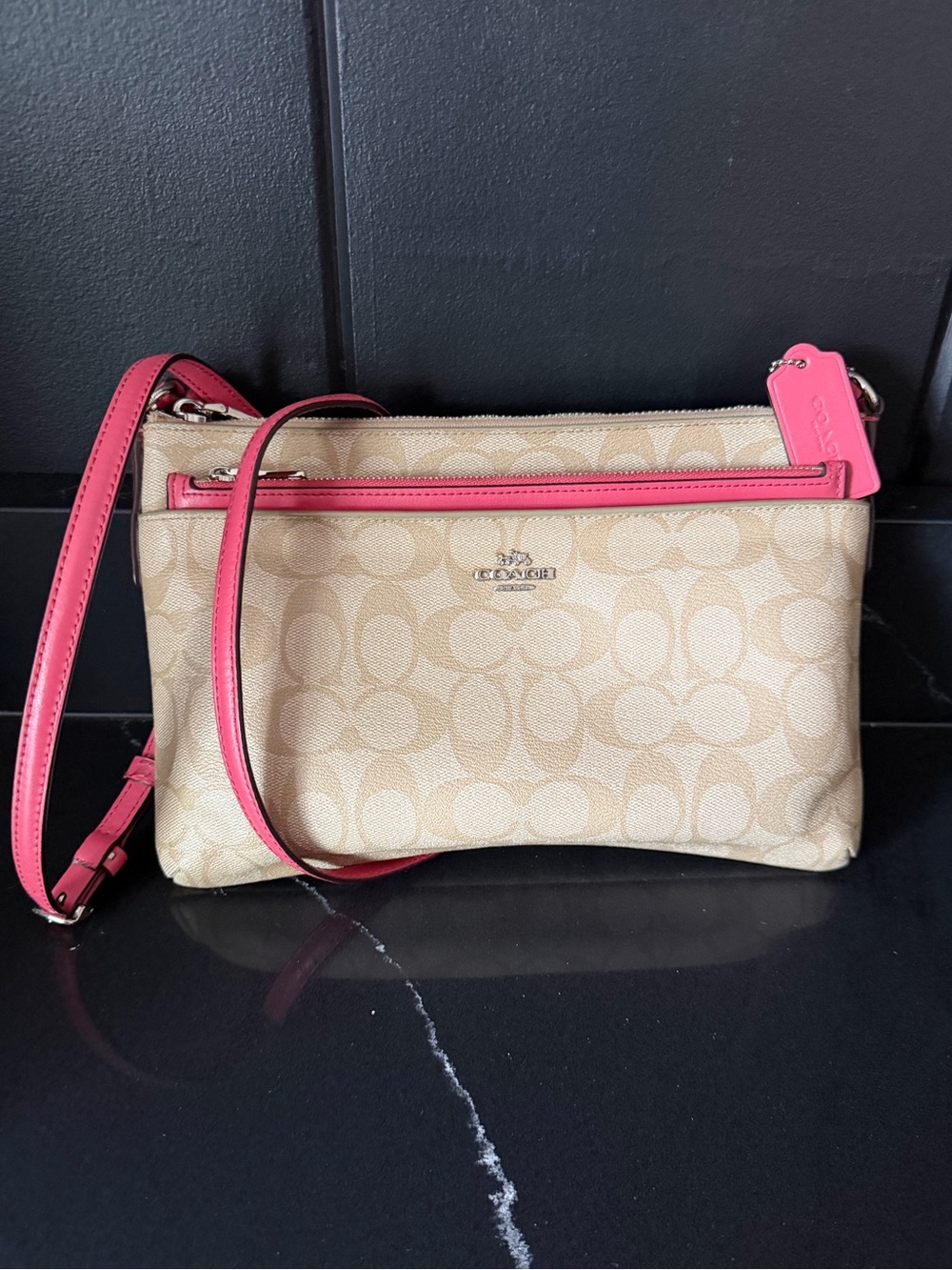 Coach Signature Coated Canvas File Crossbody Bag Pink Beige